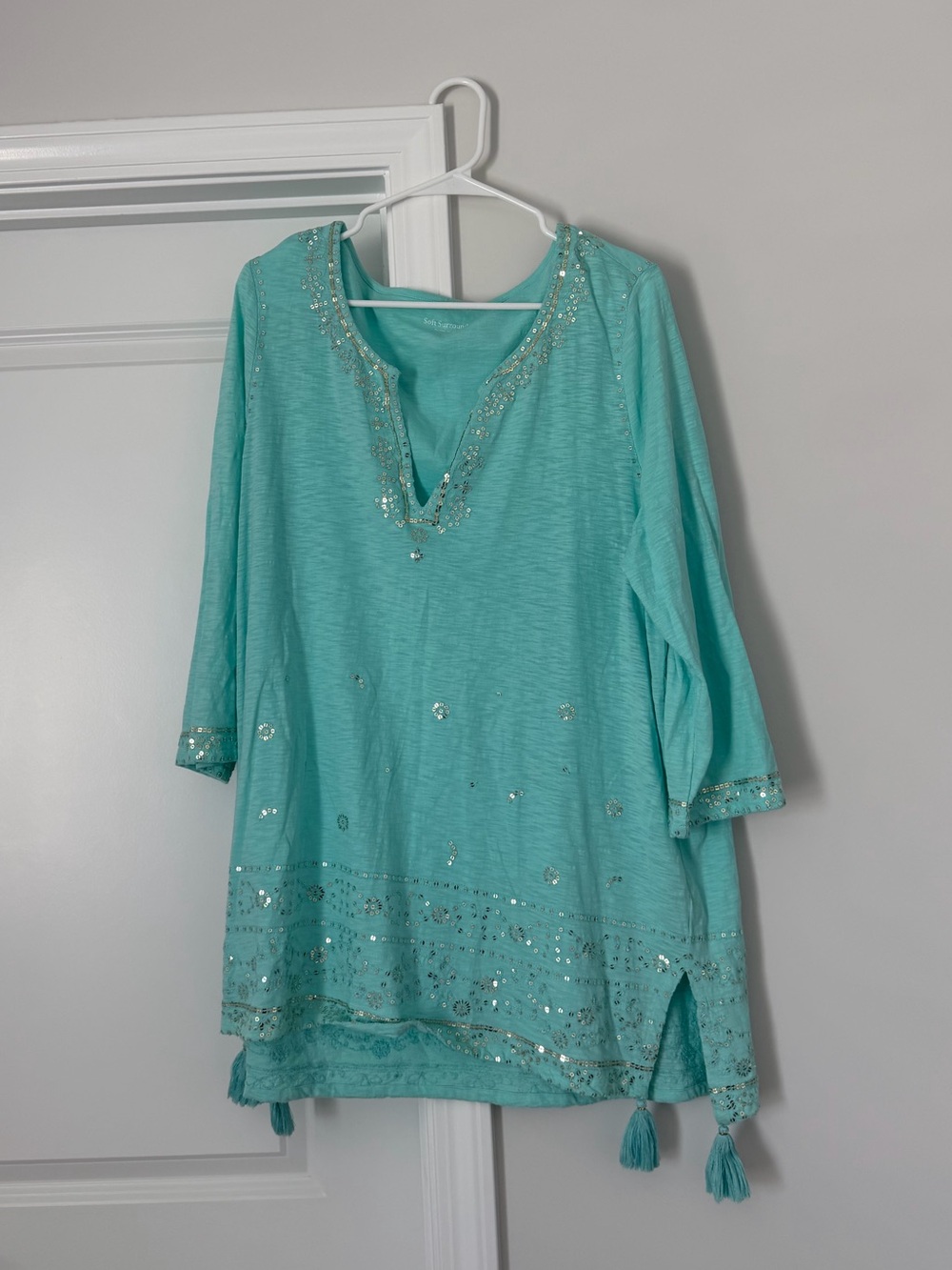 Soft Surroundings Aqua Sequin Tassel V-Neck Tunic